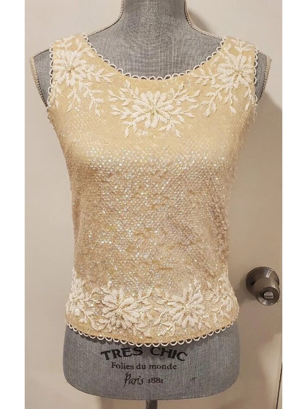 Stephen Chu (Off) White Sequin Embroidered Embellished Beaded Top Vintage 60s